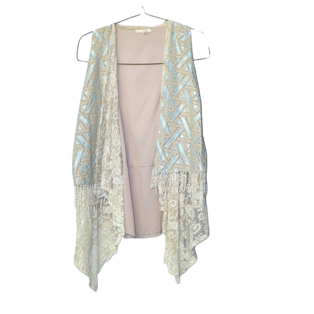 Ryu Light Blue & Cream Embellished Lace Open Vest
